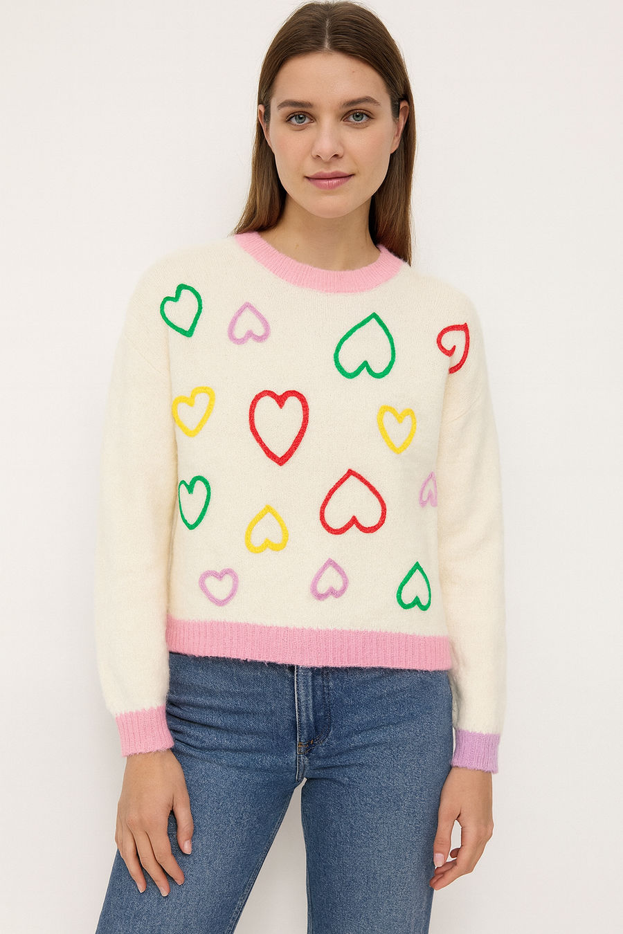 CHUNKY KNIT WOOL BLEND COLOUR BLOCK DESIGN WITH MULTI COLOURED HEARTS