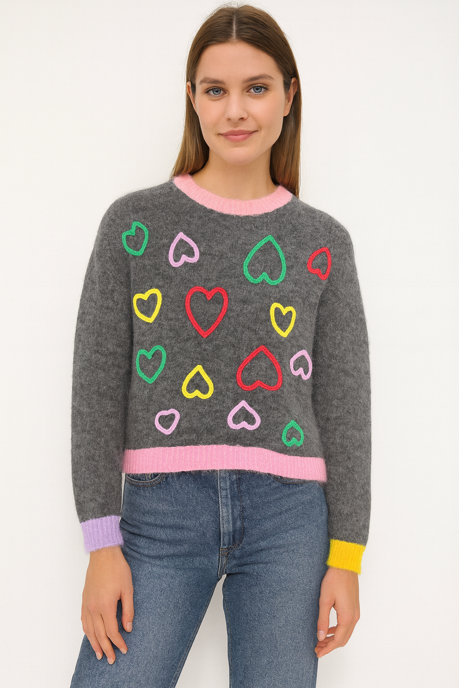 CHUNKY KNIT WOOL BLEND COLOUR BLOCK DESIGN WITH MULTI COLOURED HEARTS