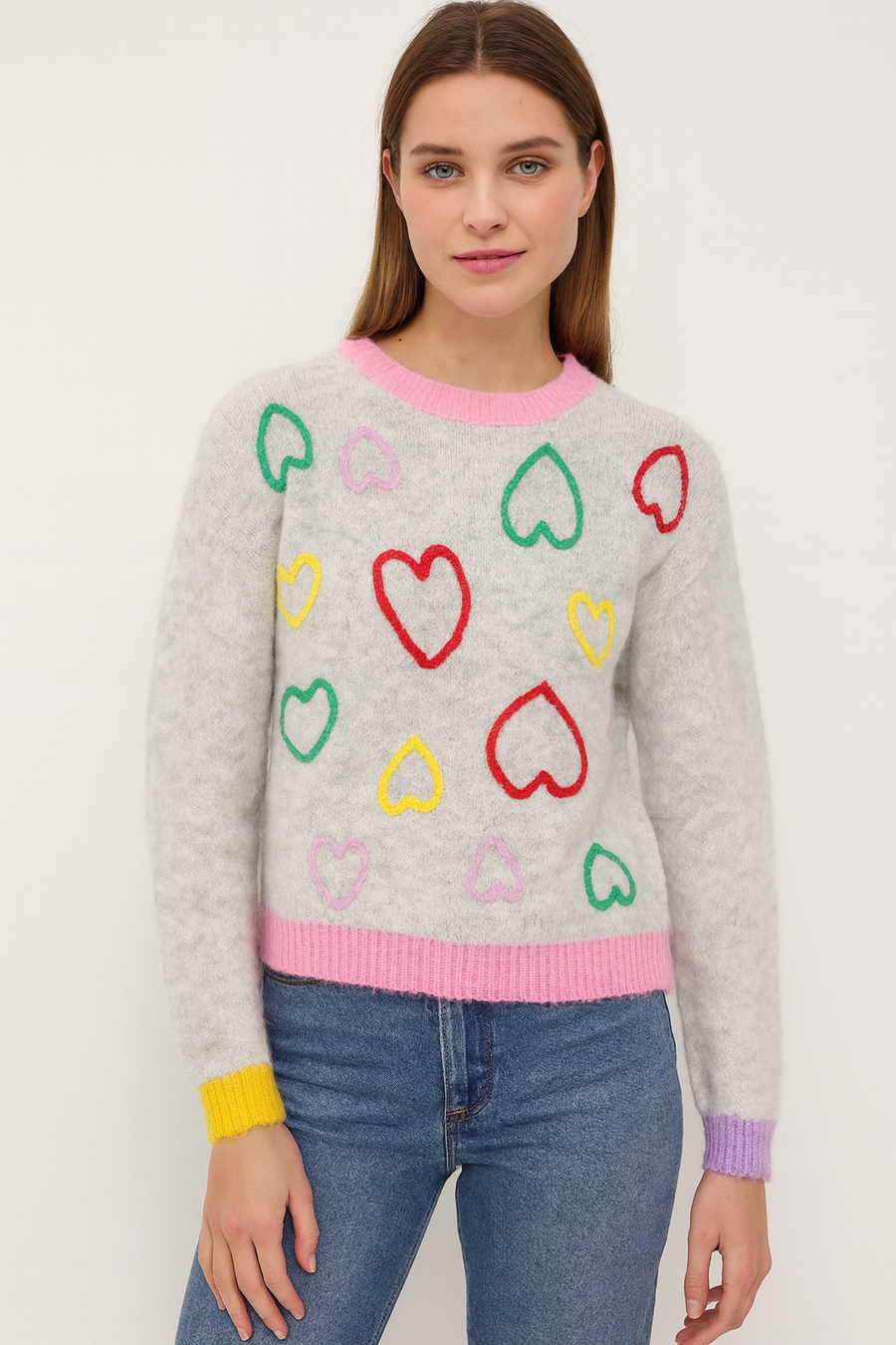 CHUNKY KNIT WOOL BLEND COLOUR BLOCK DESIGN WITH MULTI COLOURED HEARTS