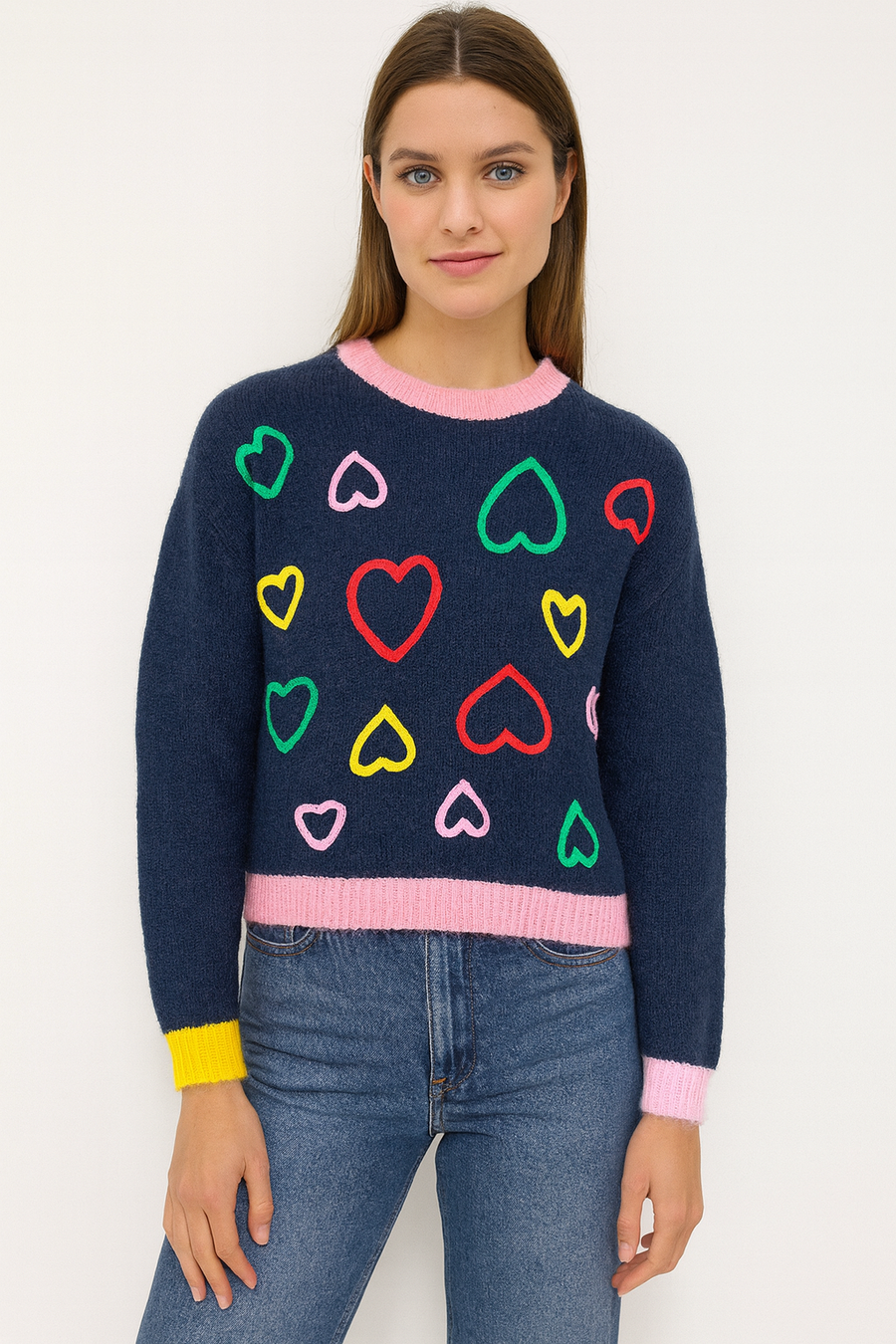 CHUNKY KNIT WOOL BLEND COLOUR BLOCK DESIGN WITH MULTI COLOURED HEARTS