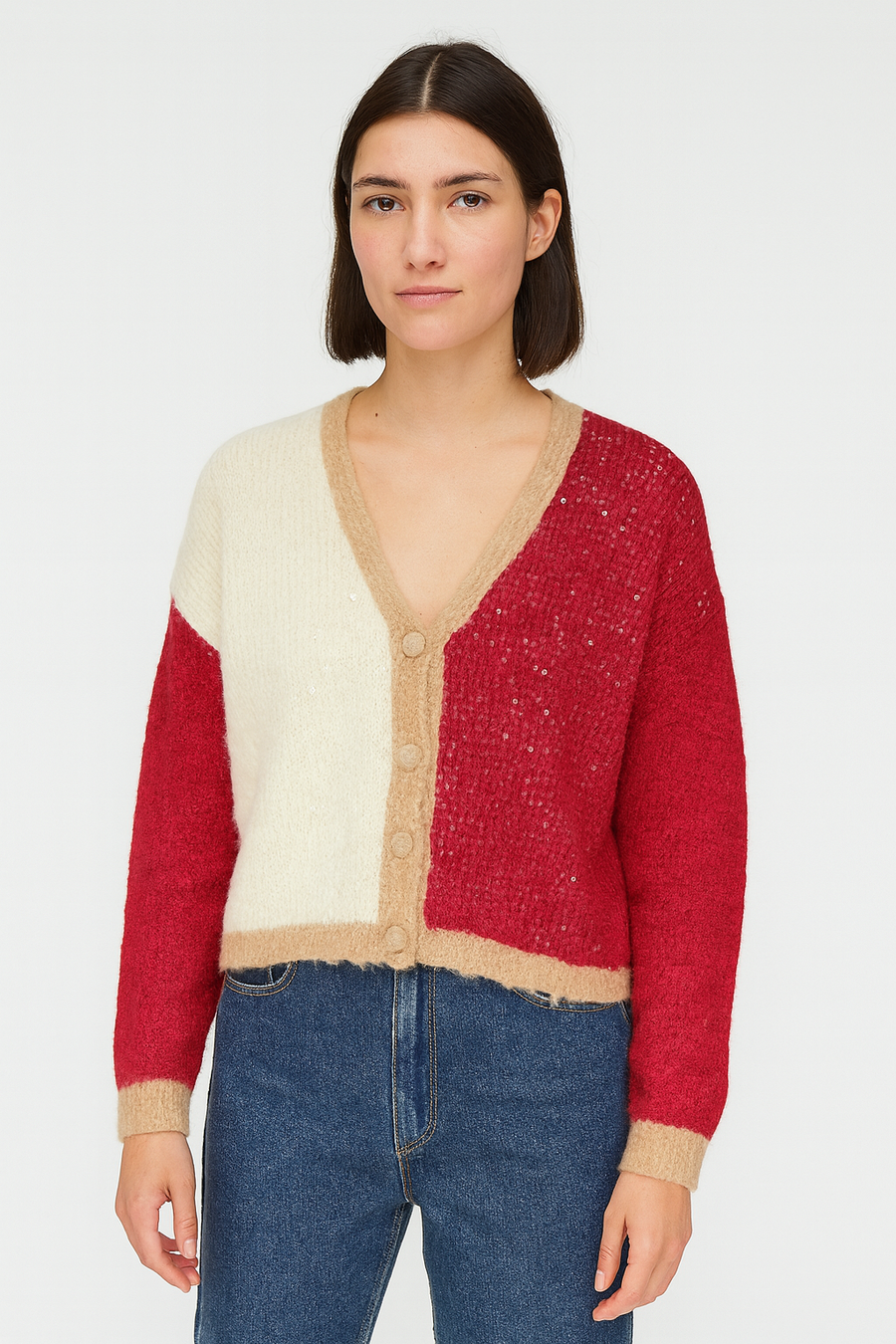 CHUNKY KNIT WOOL BLEND COLOUR BLOCK DESIGN BUTTON UP CARDIGAN WITH SEQUINNED FRONT