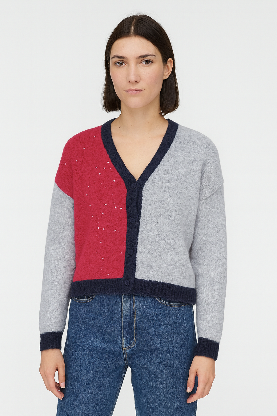 CHUNKY KNIT WOOL BLEND COLOUR BLOCK DESIGN BUTTON UP CARDIGAN WITH SEQUINNED FRONT