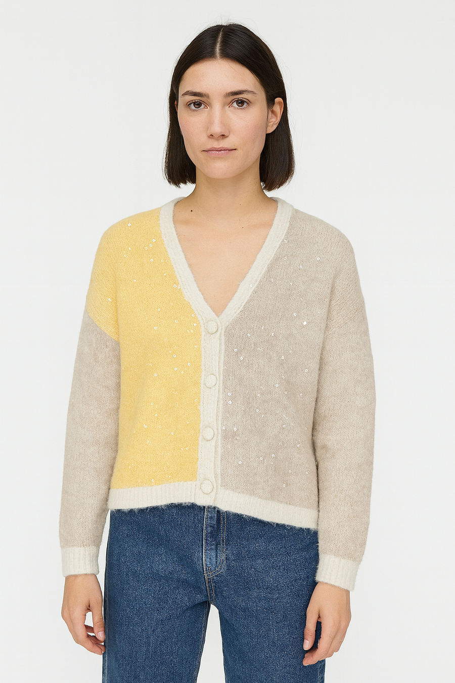 CHUNKY KNIT WOOL BLEND COLOUR BLOCK DESIGN BUTTON UP CARDIGAN WITH SEQUINNED FRONT