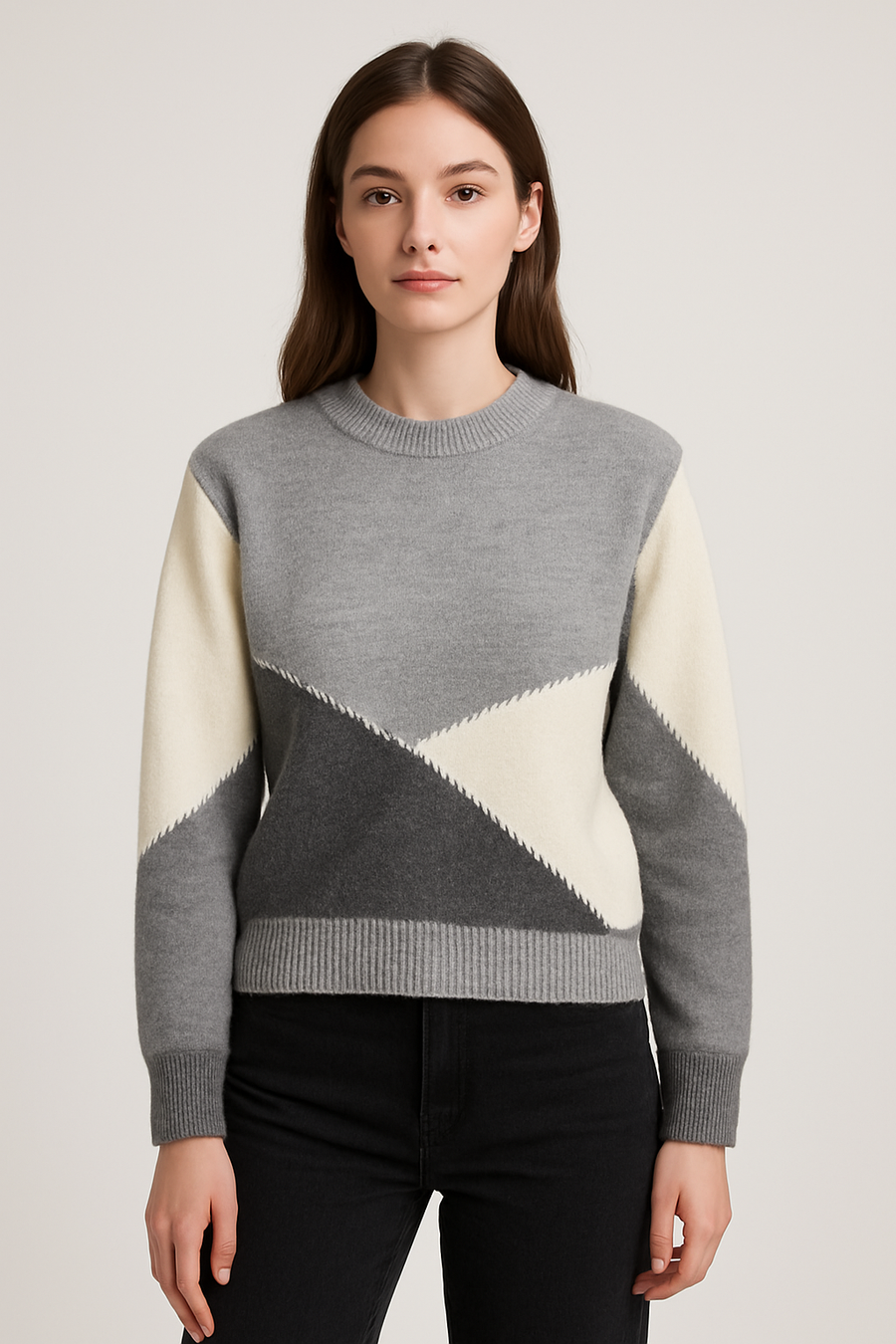 CHUNKY KNIT WOOL BLEND JUMPER IN COLOUR BLOCK DESIGN