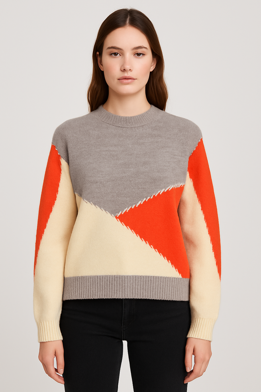 CHUNKY KNIT WOOL BLEND JUMPER IN COLOUR BLOCK DESIGN
