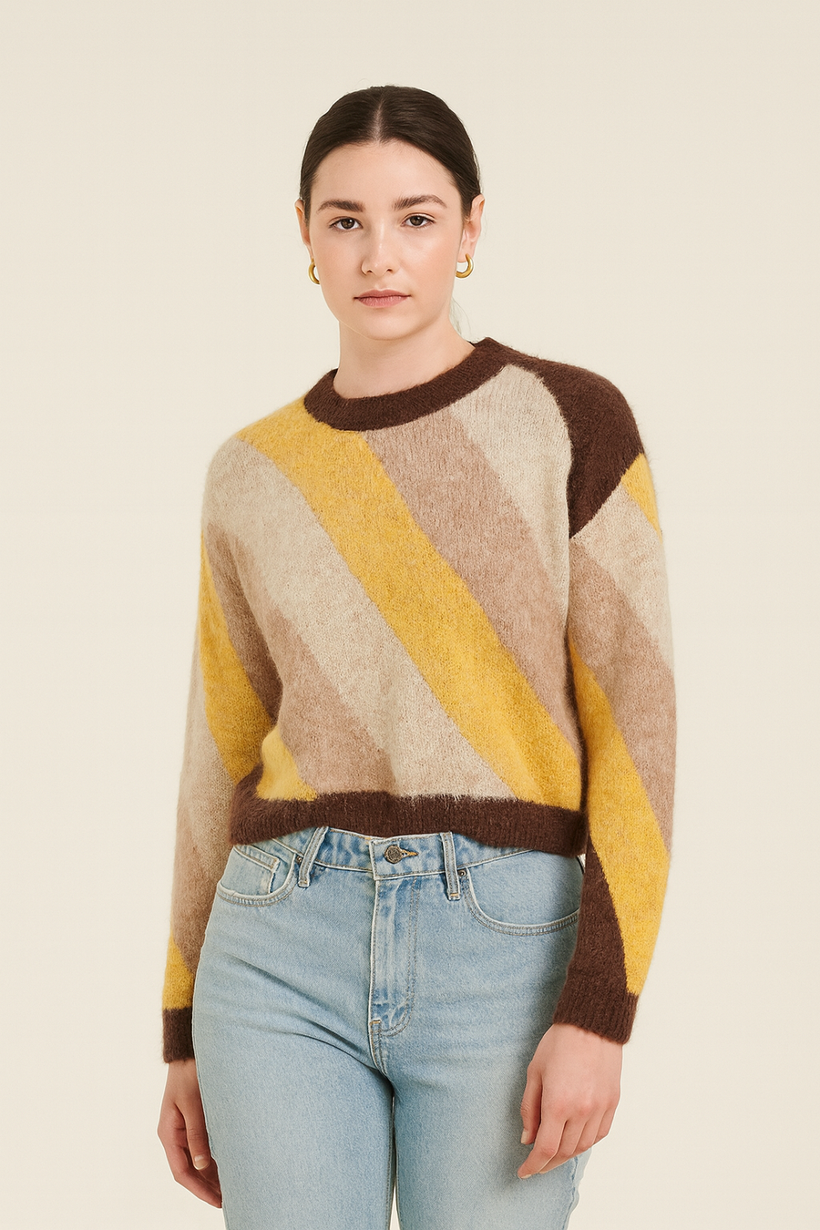 CHUNKY KNIT WOOL BLEND JUMPER IN STRIPED COLOUR BLOCK DESIGN