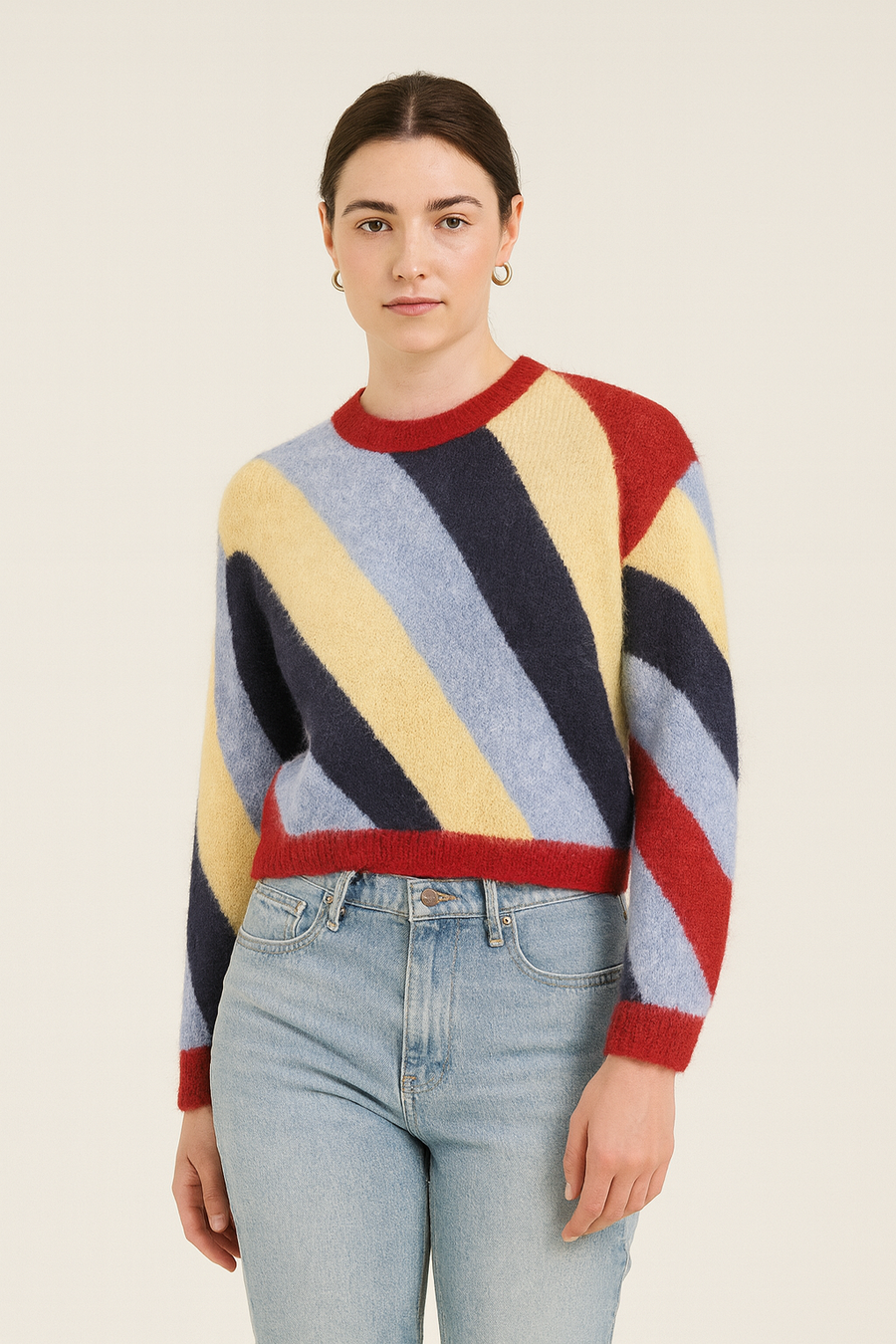 CHUNKY KNIT WOOL BLEND JUMPER IN STRIPED COLOUR BLOCK DESIGN