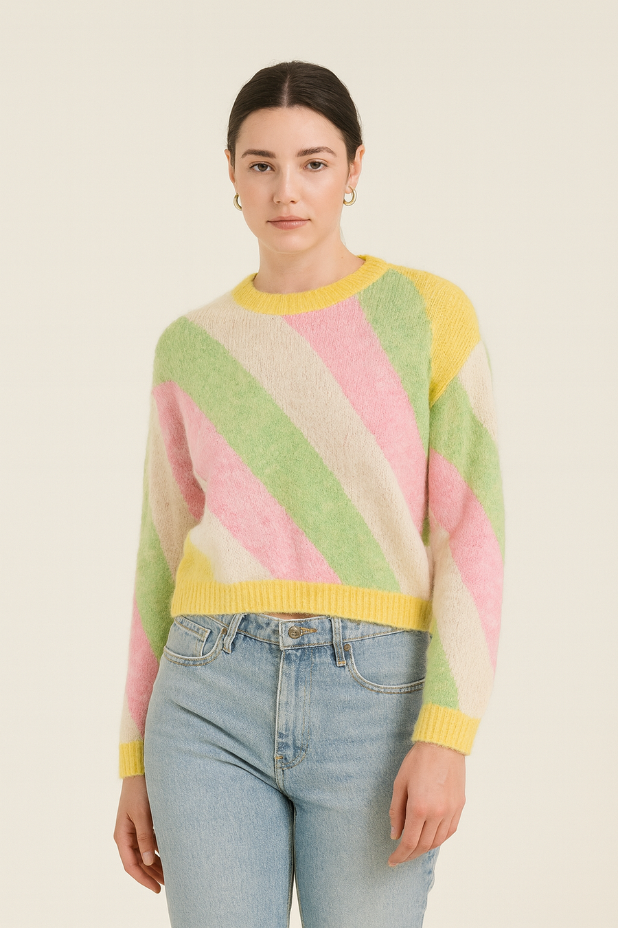 CHUNKY KNIT WOOL BLEND JUMPER IN STRIPED COLOUR BLOCK DESIGN