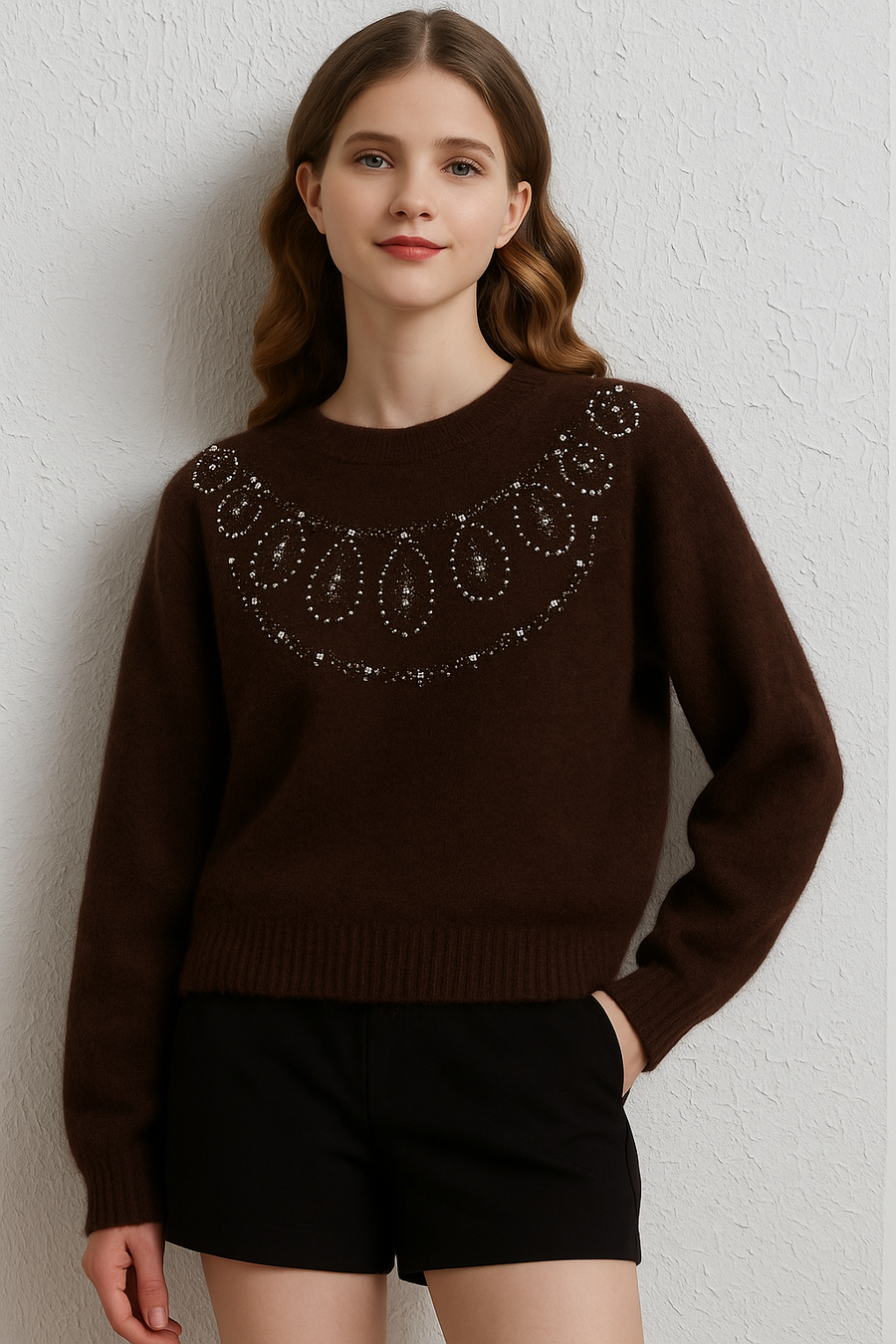 KNITTED JUMPER WITH FRONT RHINESTONE DESIGN