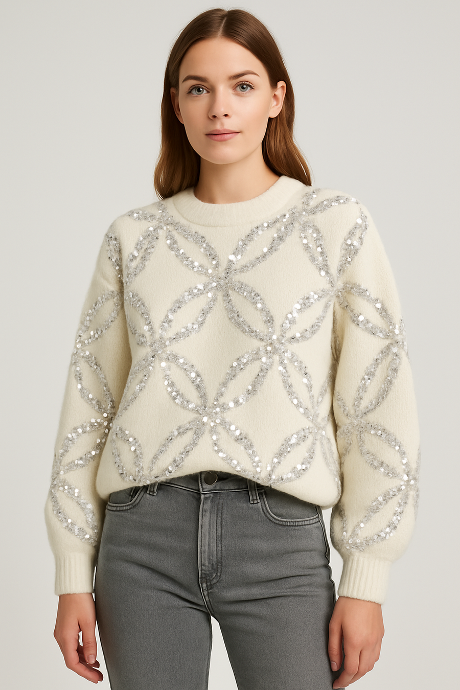 PREMIUM CHUNKY KNIT JUMPER WITH SILVER SEQUINS DESIGN