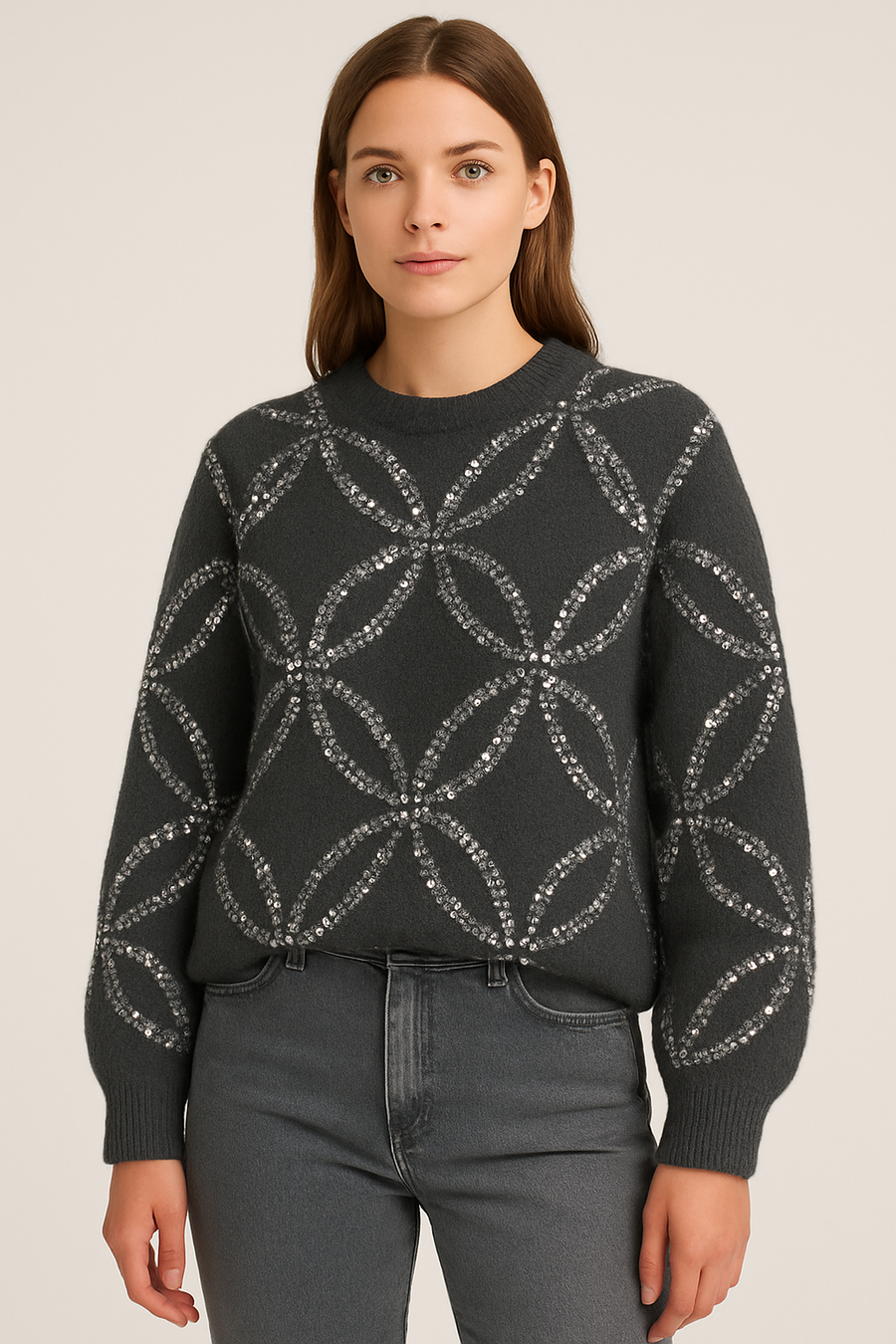 PREMIUM CHUNKY KNIT JUMPER WITH SILVER SEQUINS DESIGN