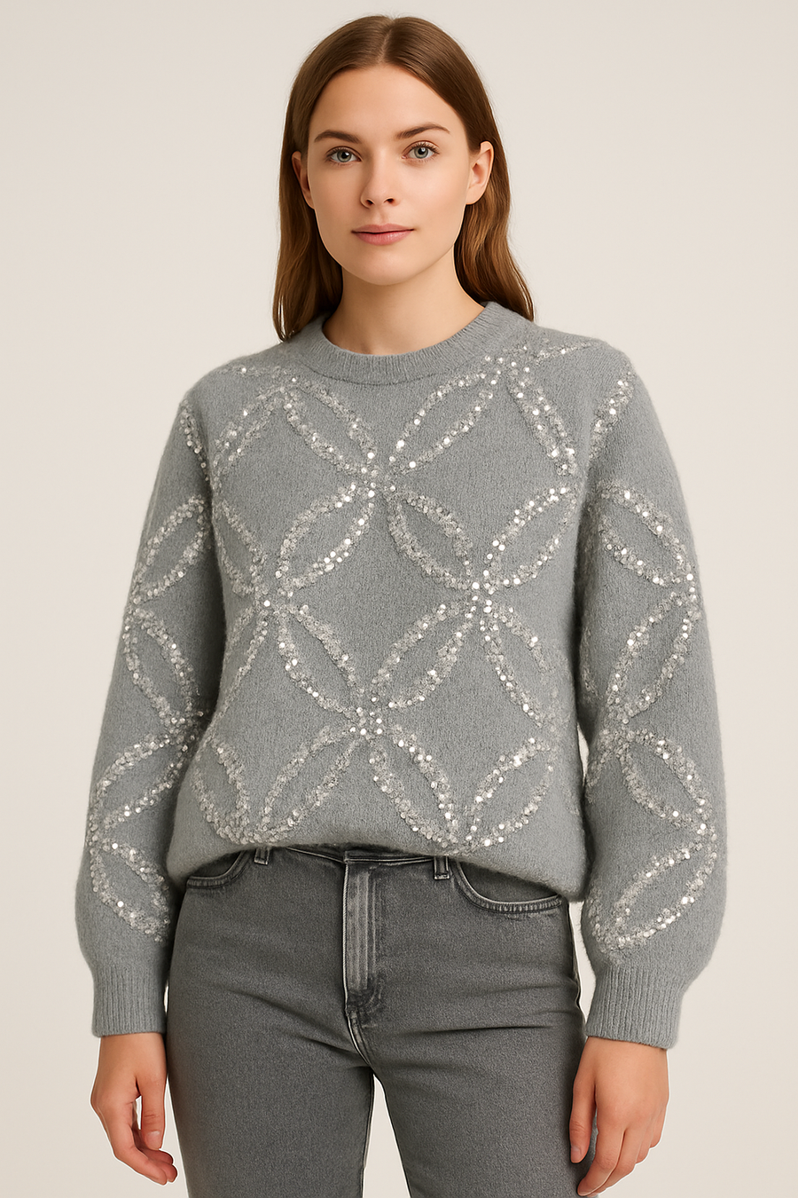 PREMIUM CHUNKY KNIT JUMPER WITH SILVER SEQUINS DESIGN