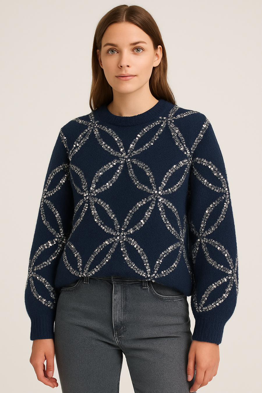 PREMIUM CHUNKY KNIT JUMPER WITH SILVER SEQUINS DESIGN