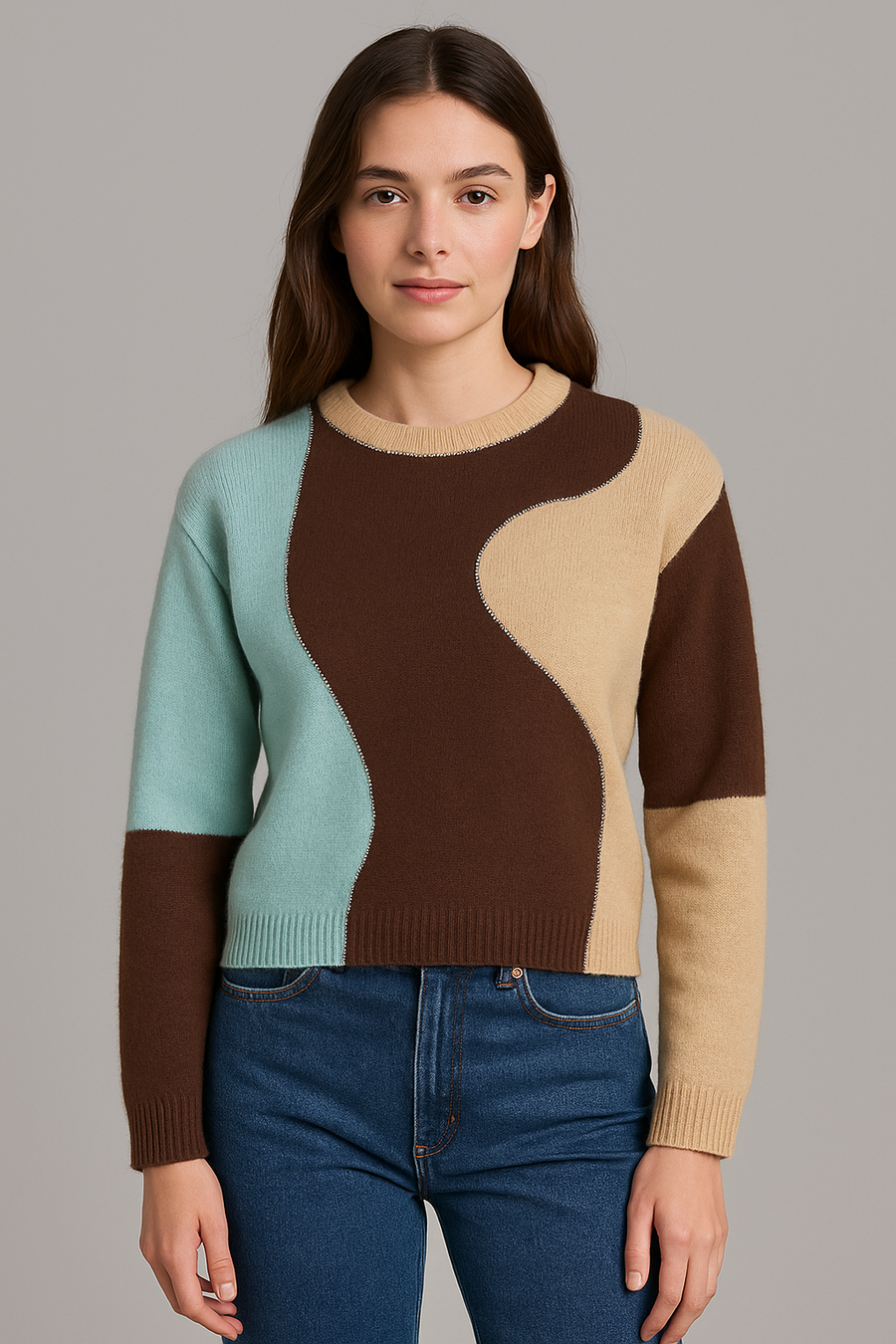CHUNKY KNIT WOOL BLEND JUMPER IN COLOUR BLOCK DESIGN AND RHINESTONES