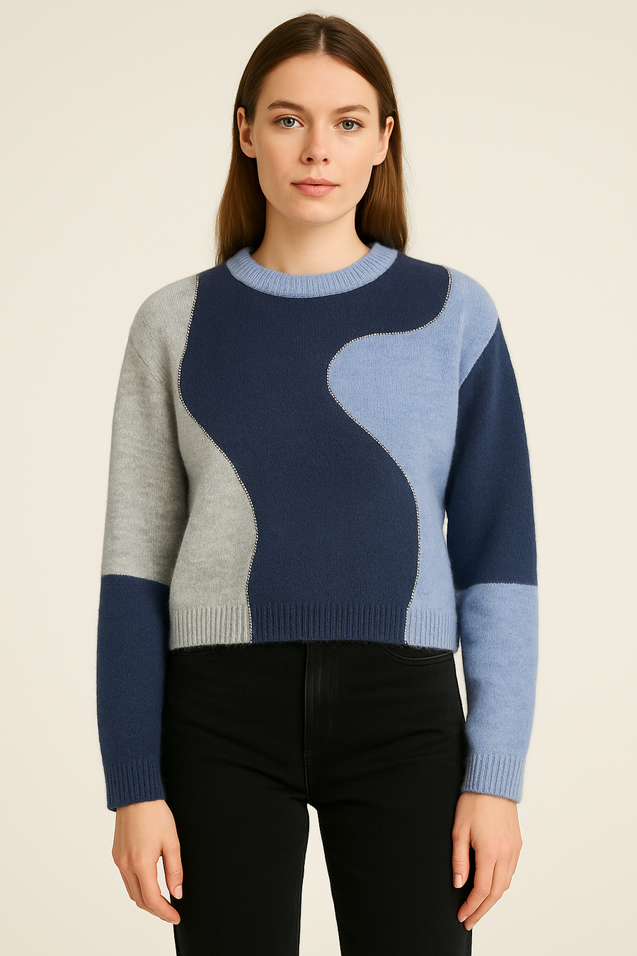 CHUNKY KNIT WOOL BLEND JUMPER IN COLOUR BLOCK DESIGN AND RHINESTONES