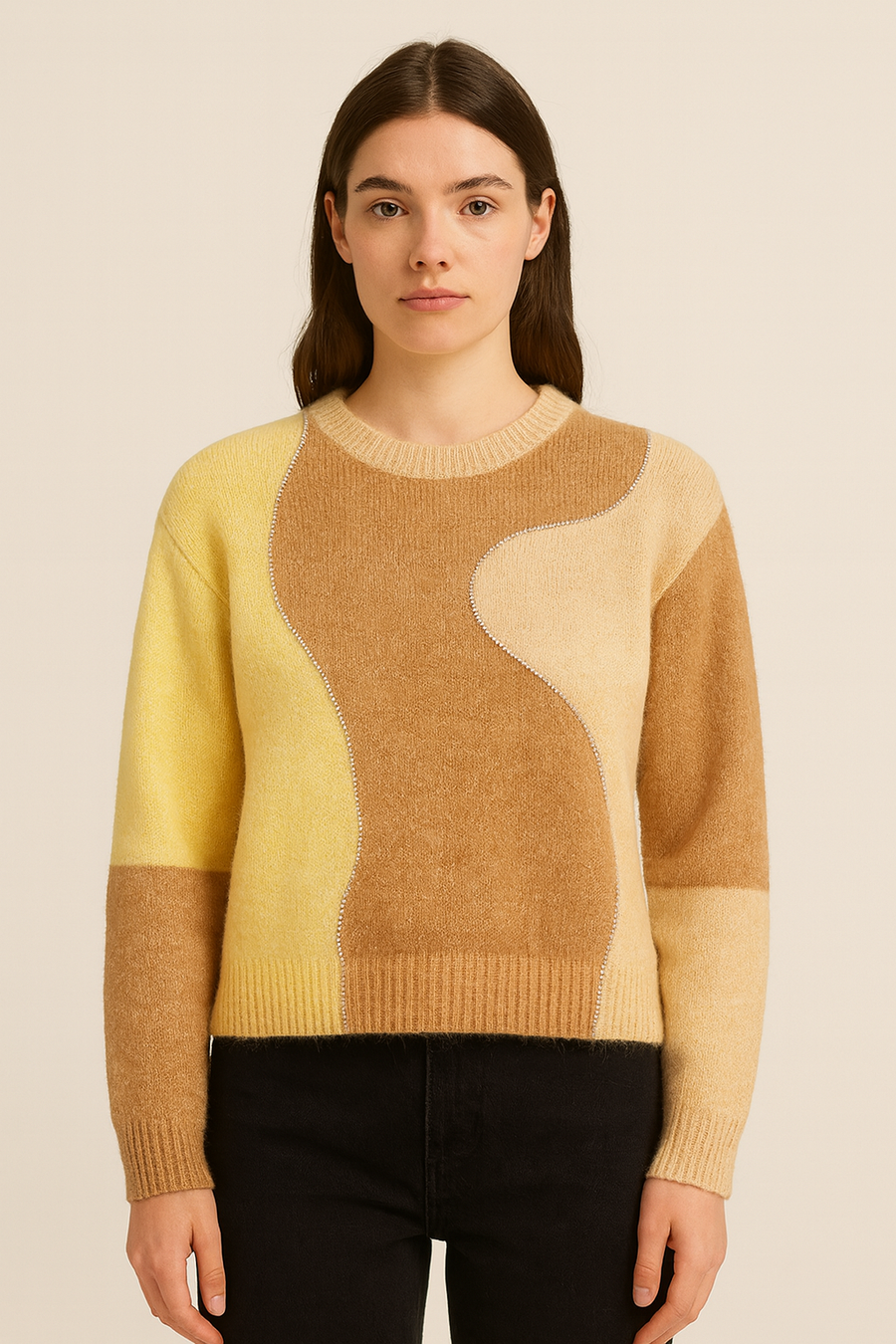 CHUNKY KNIT WOOL BLEND JUMPER IN COLOUR BLOCK DESIGN AND RHINESTONES