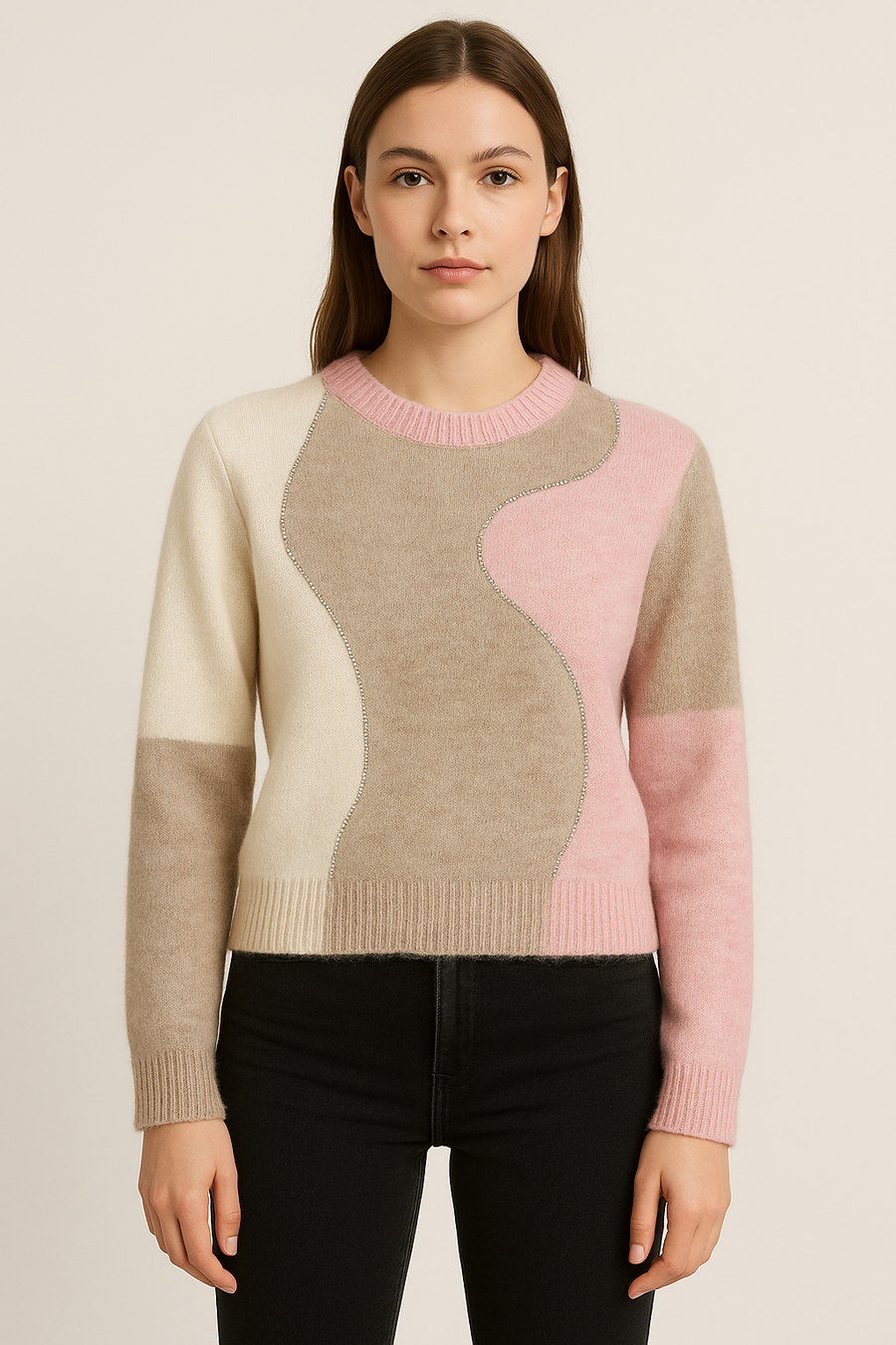 CHUNKY KNIT WOOL BLEND JUMPER IN COLOUR BLOCK DESIGN AND RHINESTONES