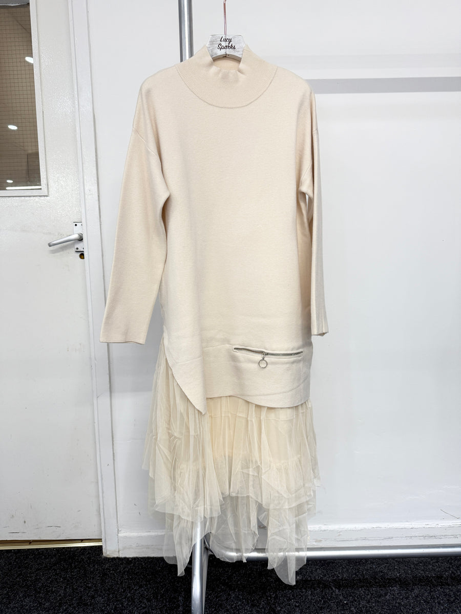 Wool Blend Heavy Knit Dress With Mesh Hem And Decorative Zipper