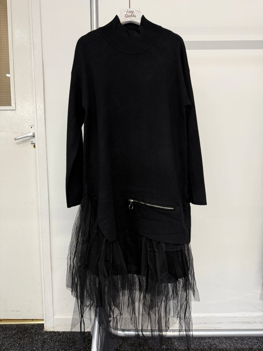 Wool Blend Heavy Knit Dress With Mesh Hem And Decorative Zipper