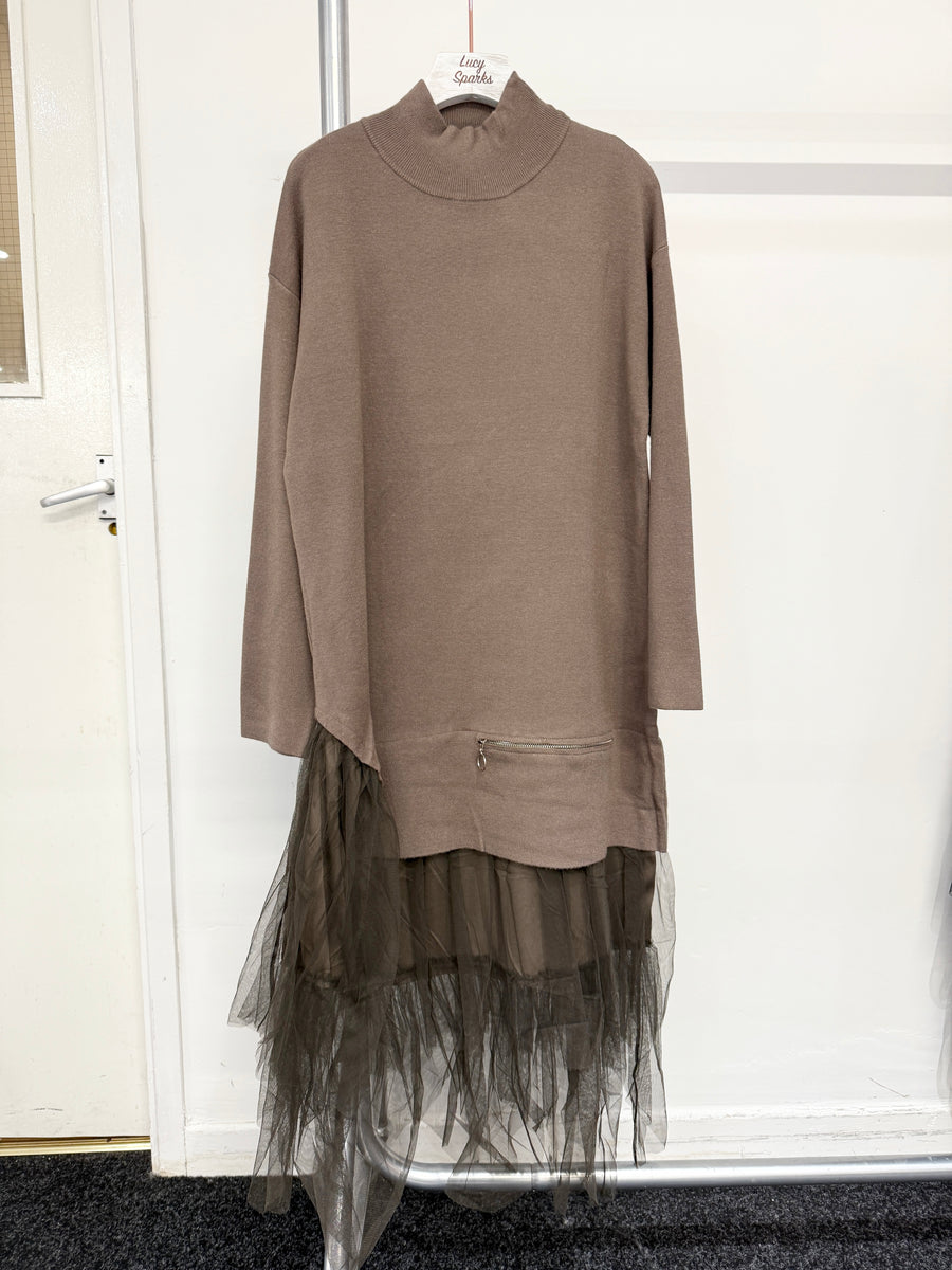 Wool Blend Heavy Knit Dress With Mesh Hem And Decorative Zipper