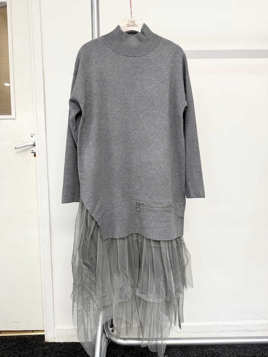 Wool Blend Heavy Knit Dress With Mesh Hem And Decorative Zipper