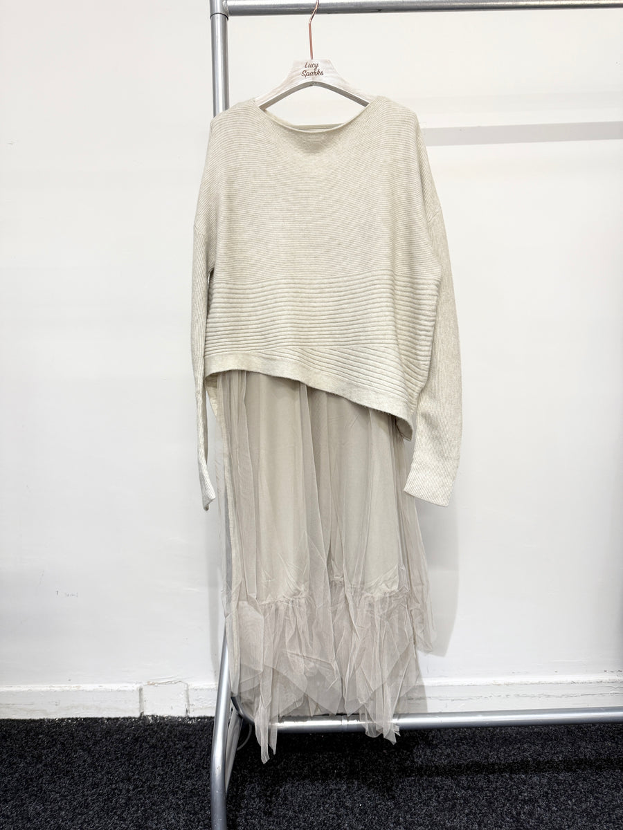 Wool Blend Premium Chunky Aysemmetric Jumper With Flared Mesh Dress