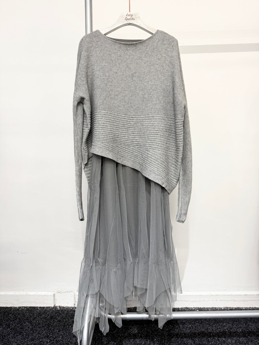 Wool Blend Premium Chunky Aysemmetric Jumper With Flared Mesh Dress