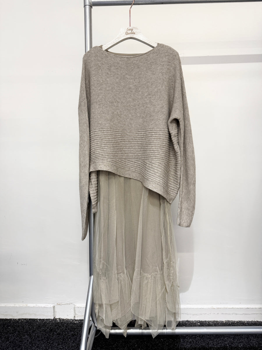 Wool Blend Premium Chunky Aysemmetric Jumper With Flared Mesh Dress