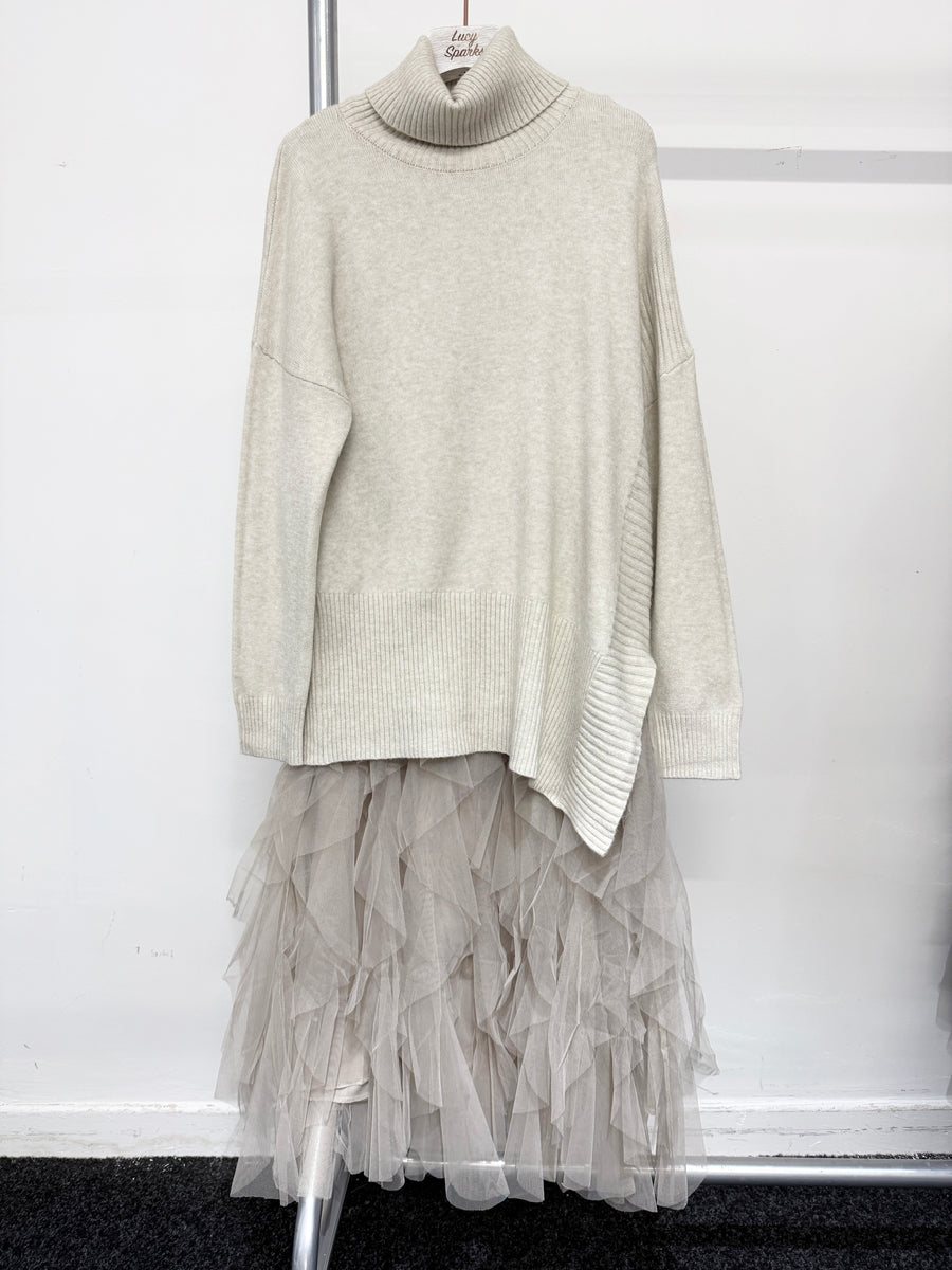 Wool Blend Roll Neck Soft Knit Jumper Matched With Mesh Ruffled Sleeves