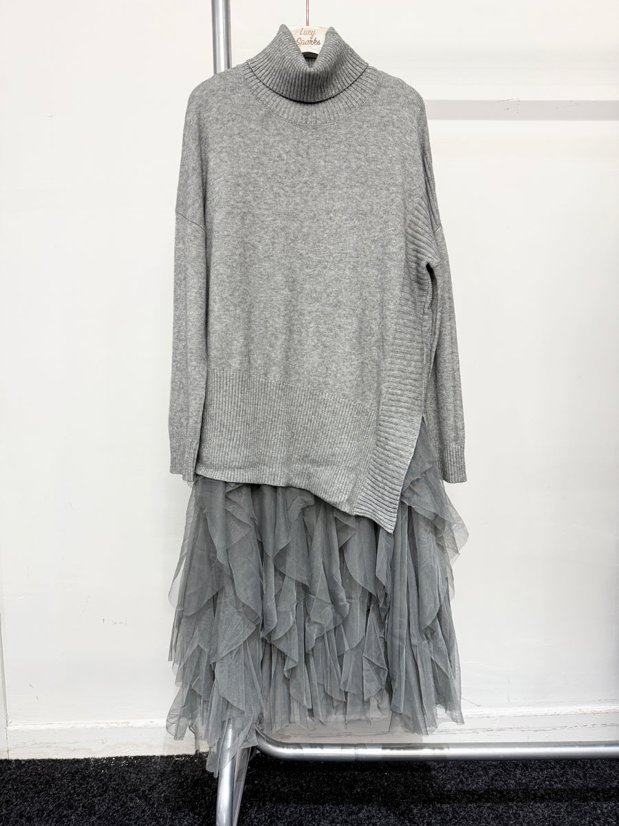 Wool Blend Roll Neck Soft Knit Jumper Matched With Mesh Ruffled Sleeves