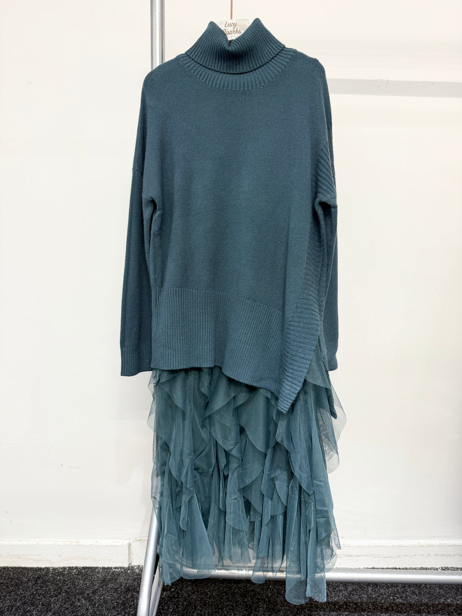 Wool Blend Roll Neck Soft Knit Jumper Matched With Mesh Ruffled Sleeves