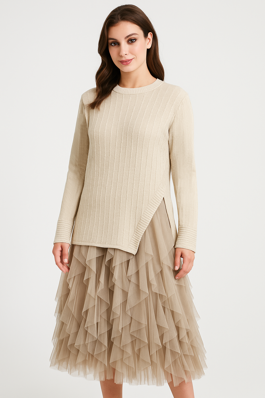 Wool Blend Vertical Stitching Design Jumper Matched With Ruffled Mesh Dress. 2 Piece Item