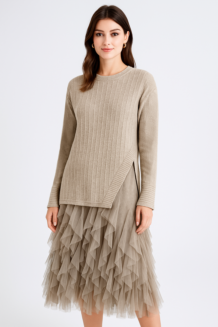Wool Blend Vertical Stitching Design Jumper Matched With Ruffled Mesh Dress. 2 Piece Item