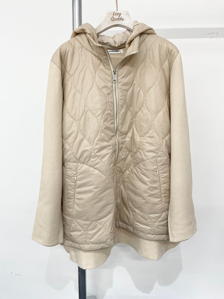 Detachable Hood Quilted Jacket With Heavy Knit Sleeves