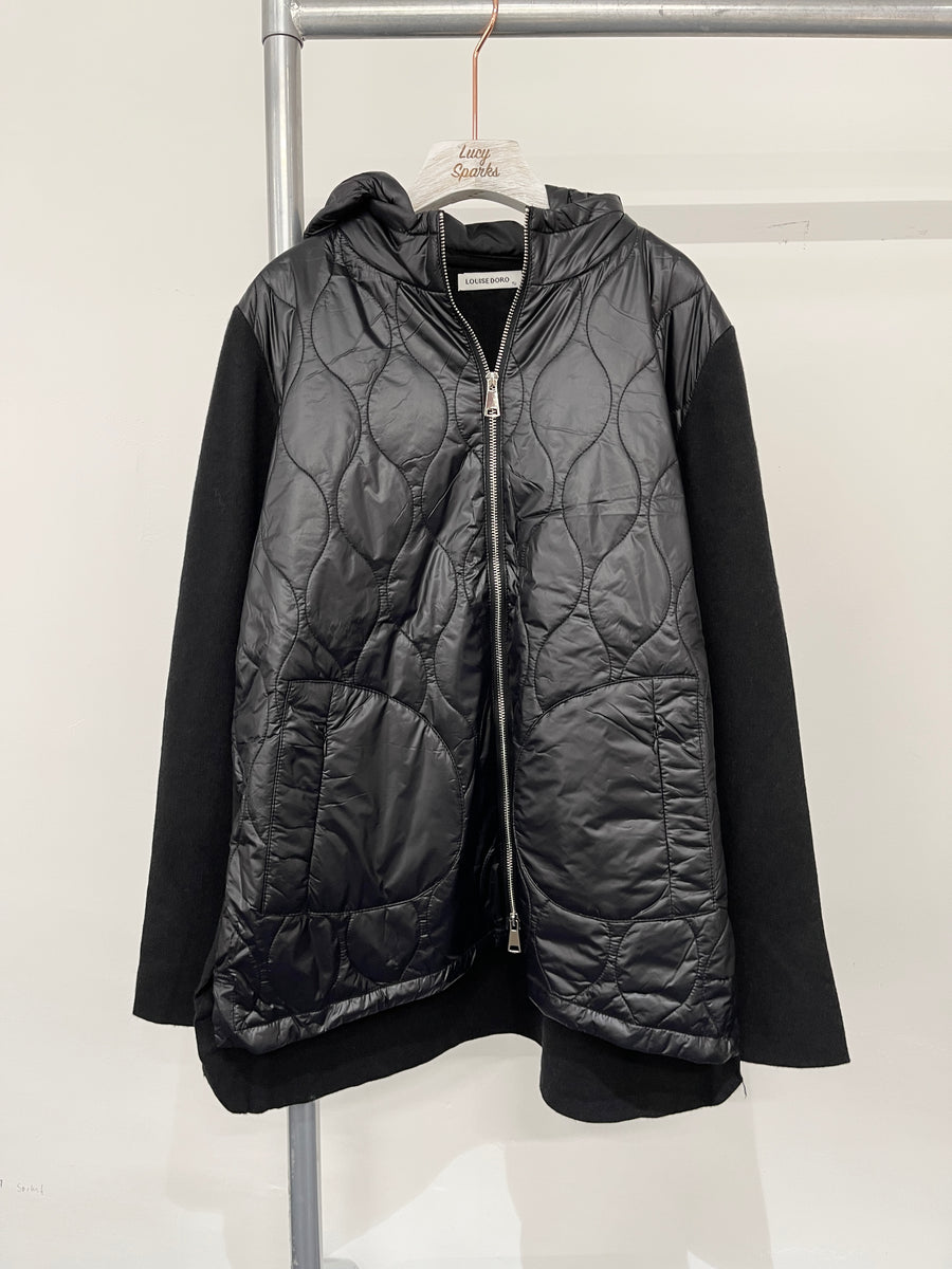 Detachable Hood Quilted Jacket With Heavy Knit Sleeves