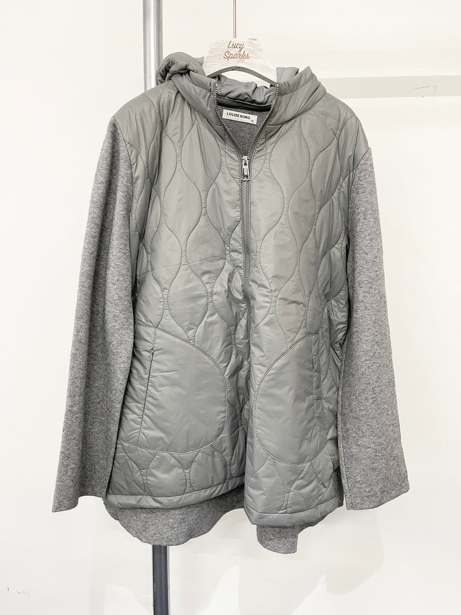 Detachable Hood Quilted Jacket With Heavy Knit Sleeves