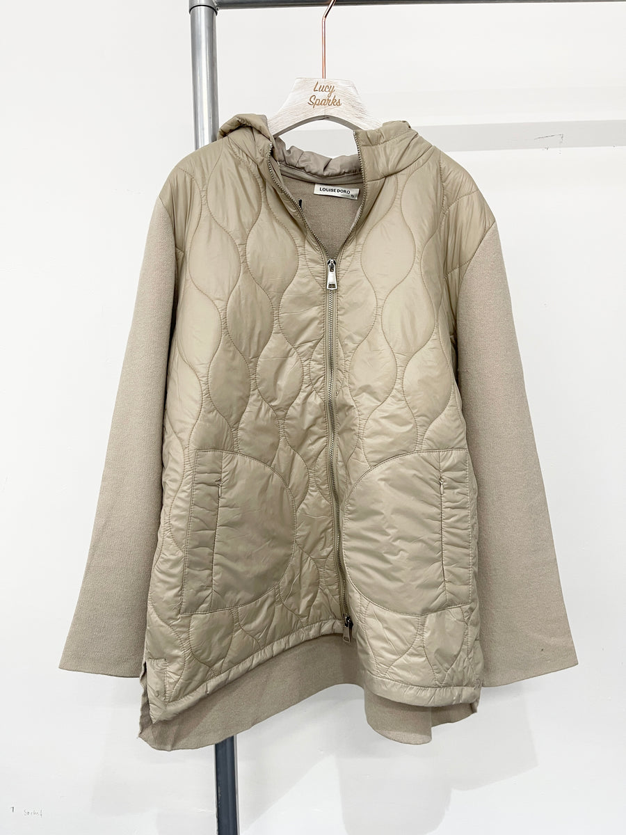 Detachable Hood Quilted Jacket With Heavy Knit Sleeves