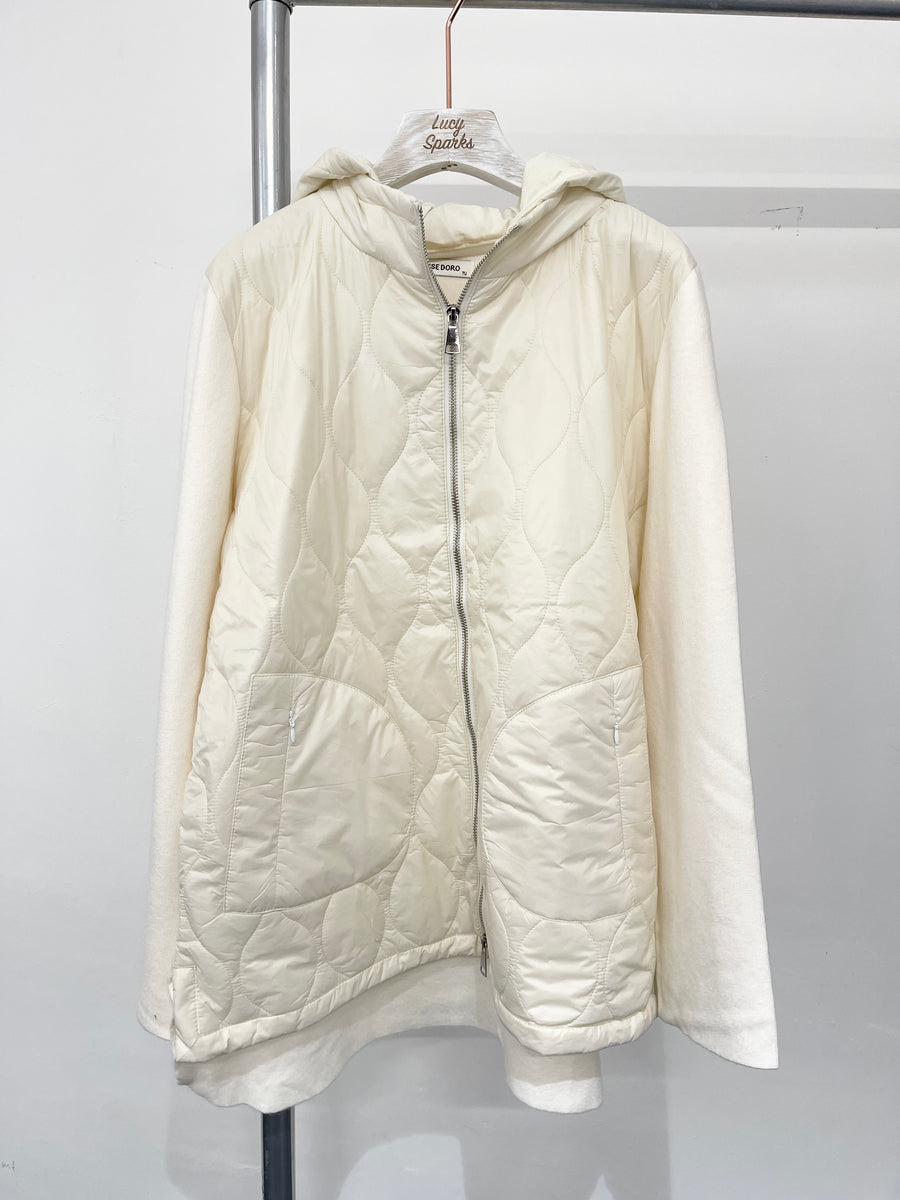 Detachable Hood Quilted Jacket With Heavy Knit Sleeves