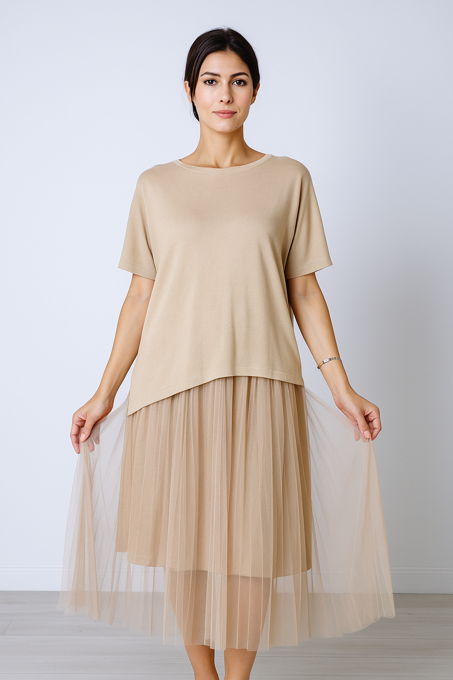 LUXURY FINE KNIT TOP MATCHED WITH PLEATED DRESS