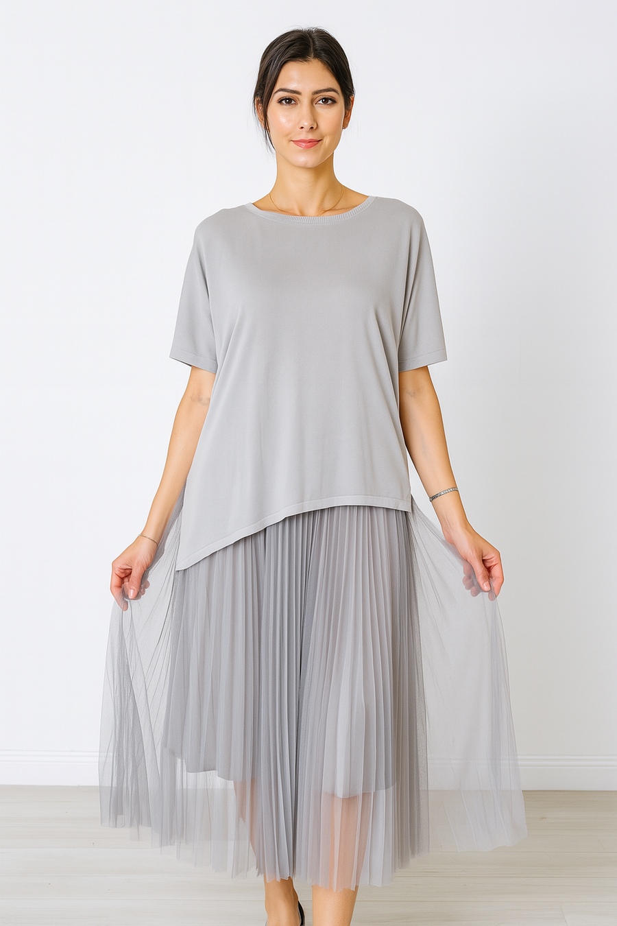 LUXURY FINE KNIT TOP MATCHED WITH PLEATED DRESS