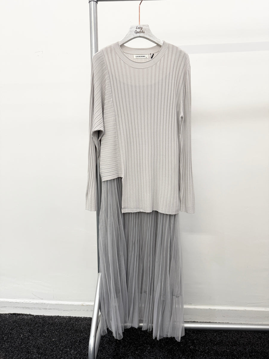 LUXURY FINE KNIT ASYMMETRIC RIBBED TOP MATCHED WITH PLEATED DRESS