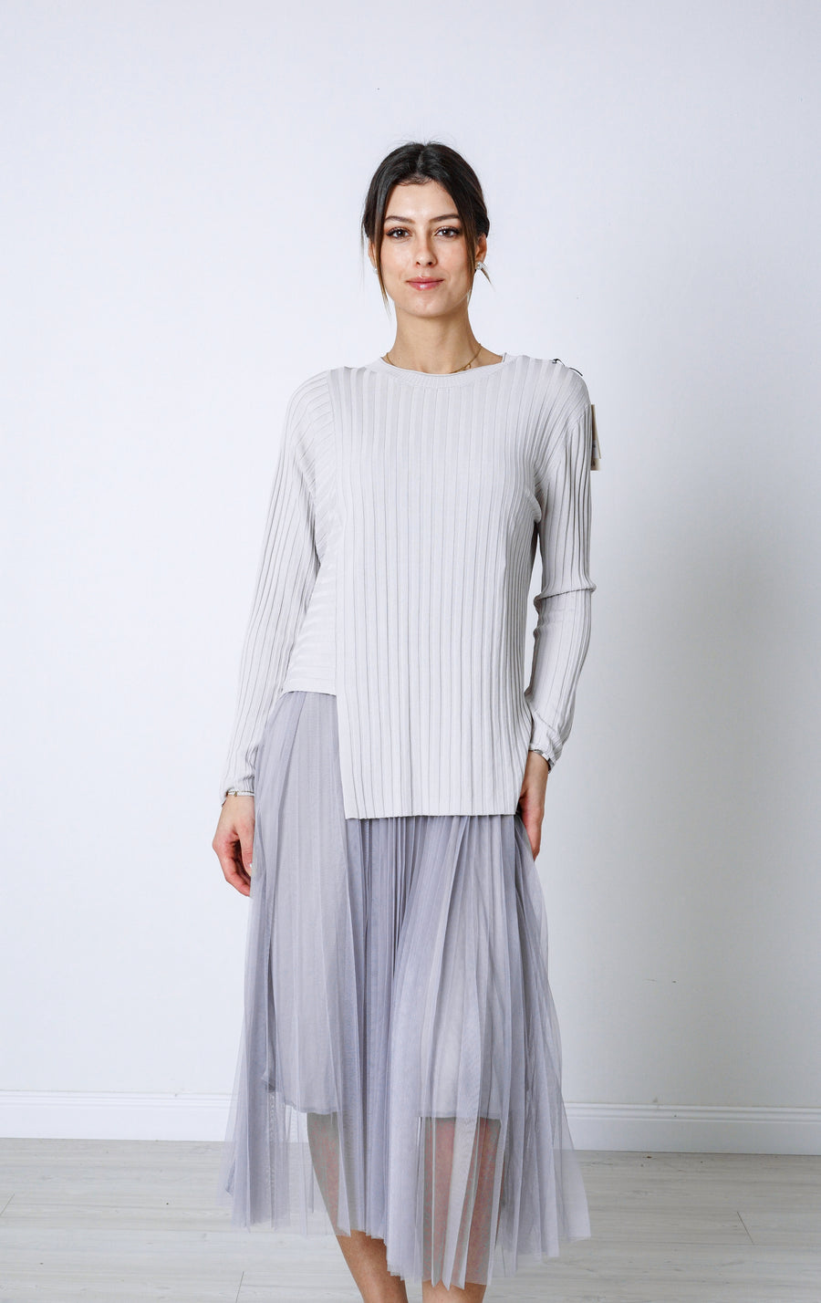 LUXURY FINE KNIT ASYMMETRIC RIBBED TOP MATCHED WITH PLEATED DRESS