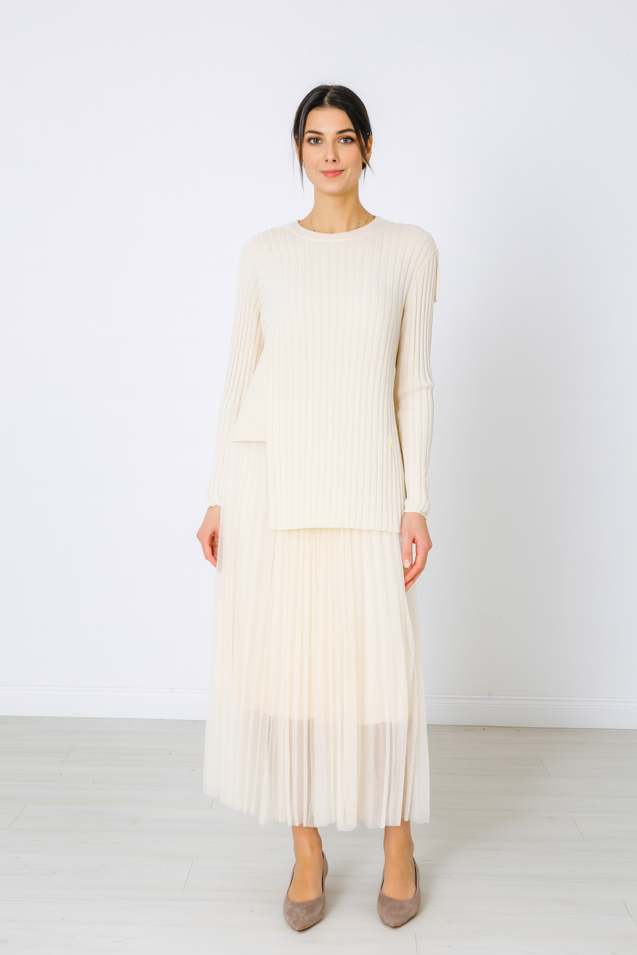 LUXURY FINE KNIT ASYMMETRIC RIBBED TOP MATCHED WITH PLEATED DRESS