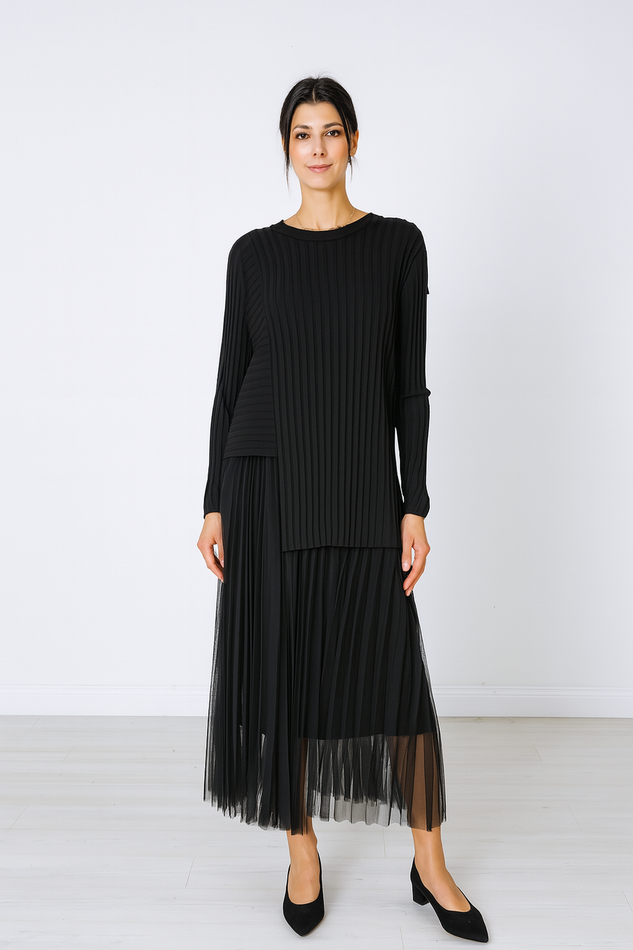 LUXURY FINE KNIT ASYMMETRIC RIBBED TOP MATCHED WITH PLEATED DRESS