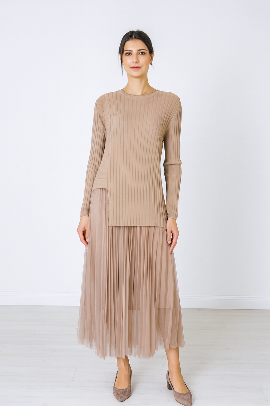 LUXURY FINE KNIT ASYMMETRIC RIBBED TOP MATCHED WITH PLEATED DRESS