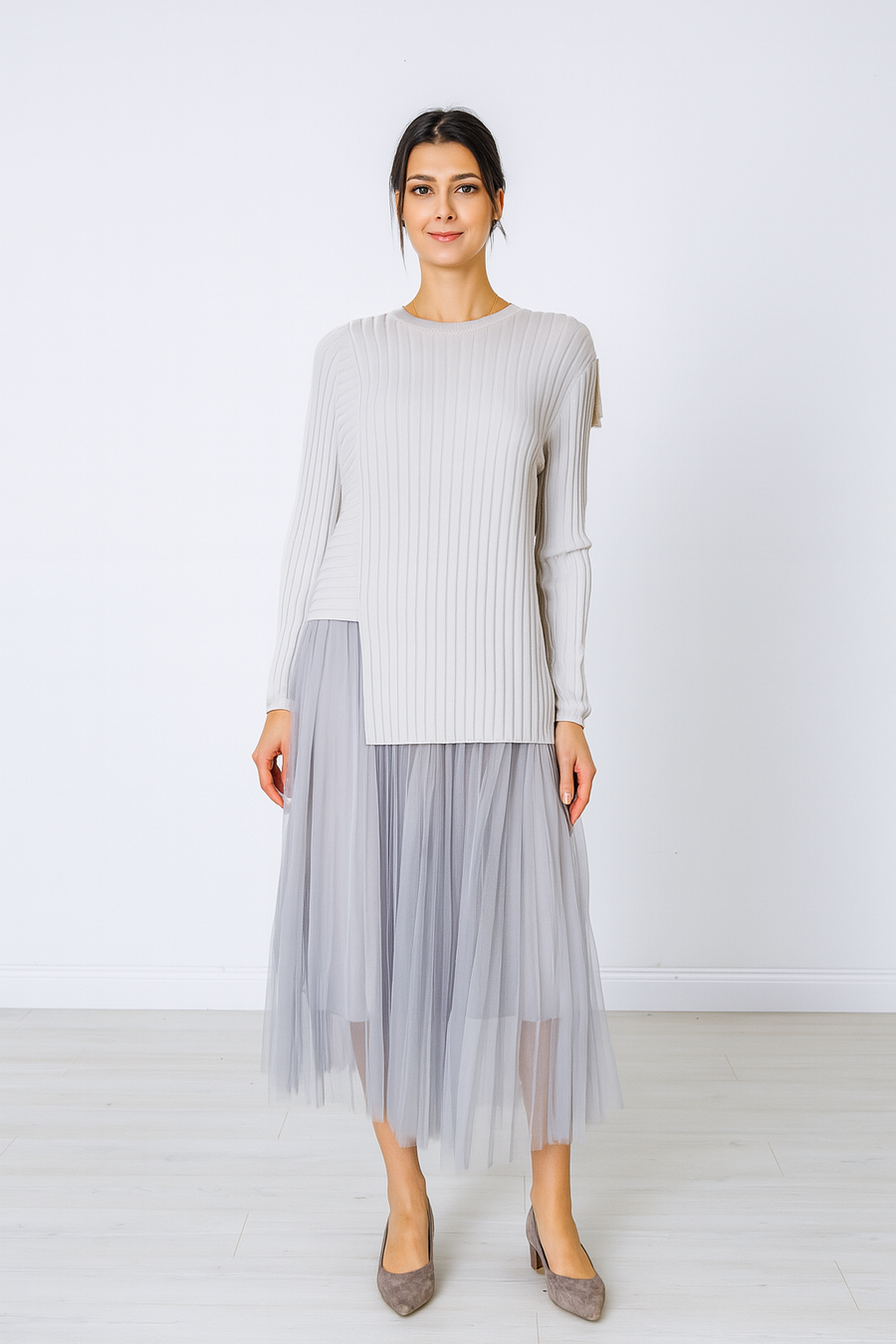 LUXURY FINE KNIT ASYMMETRIC RIBBED TOP MATCHED WITH PLEATED DRESS