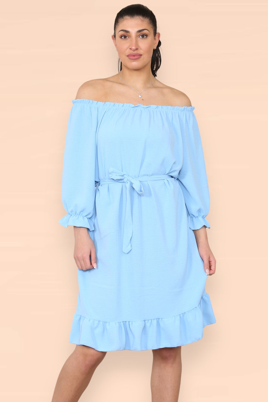 Off Shoulders Ruffled Dress with Elasticated 3/4 Sleeves