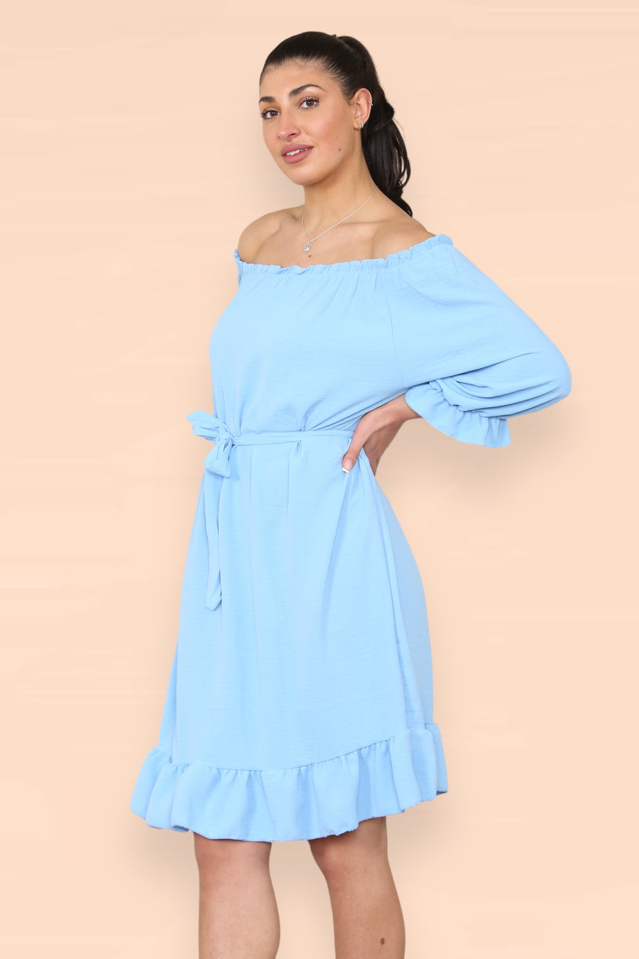 Off Shoulders Ruffled Dress with Elasticated 3/4 Sleeves