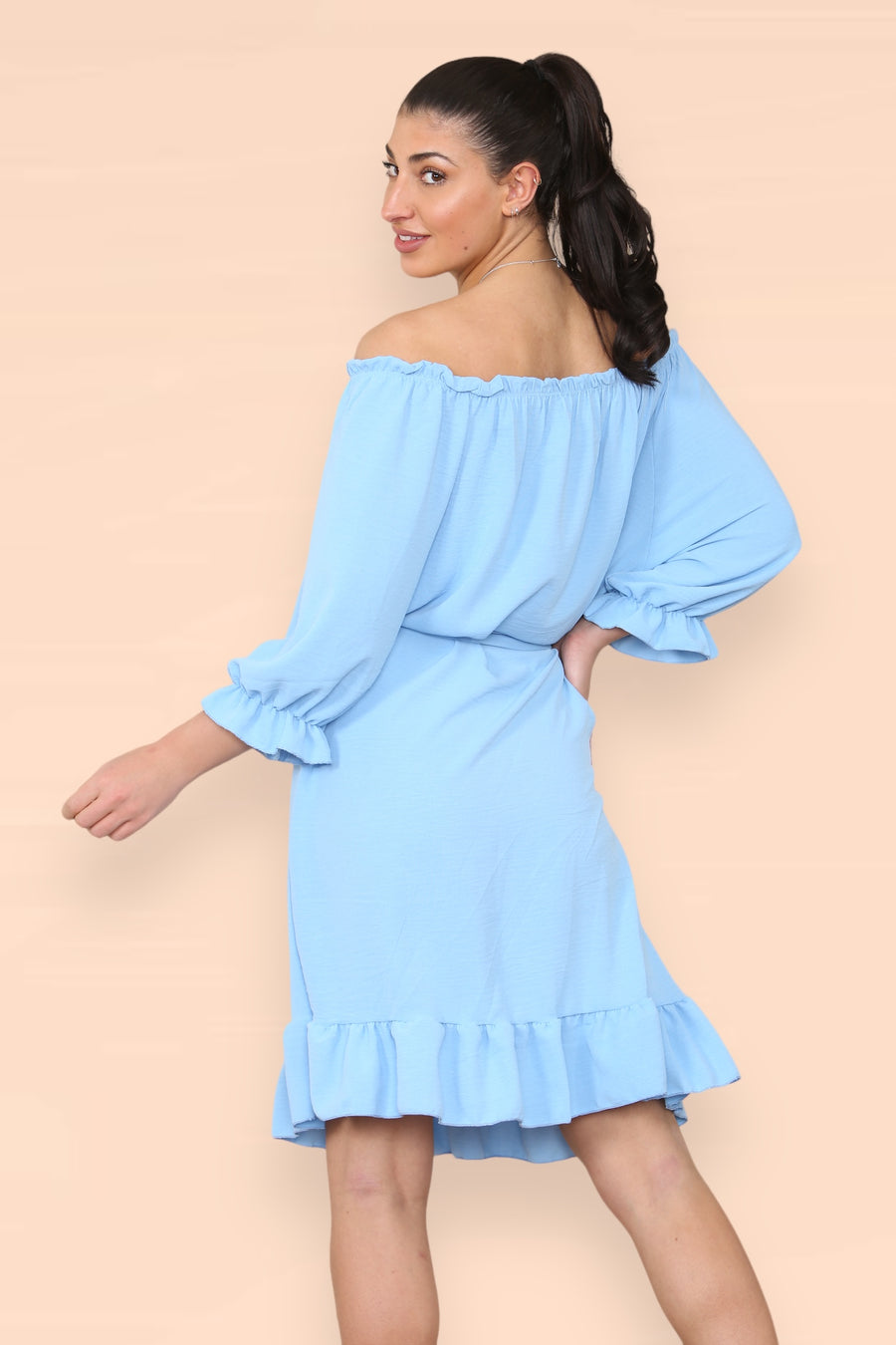 Off Shoulders Ruffled Dress with Elasticated 3/4 Sleeves