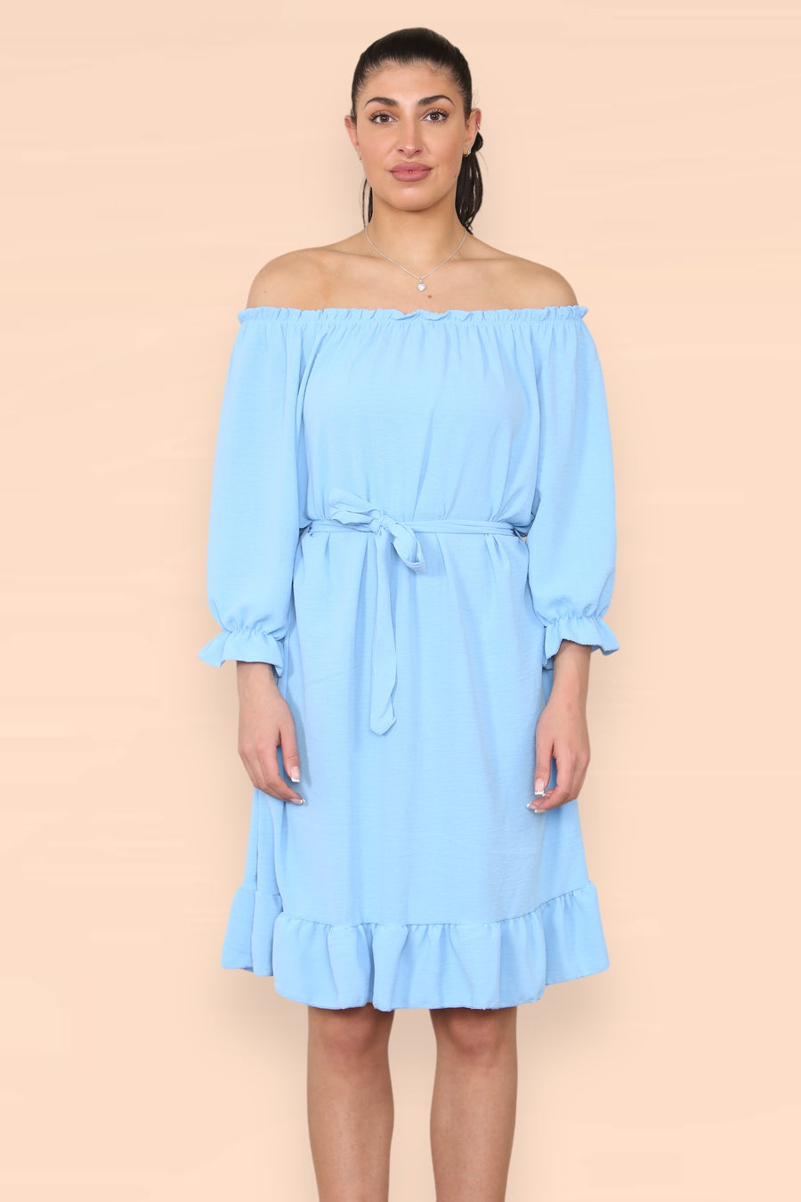 Off Shoulders Ruffled Dress with Elasticated 3/4 Sleeves